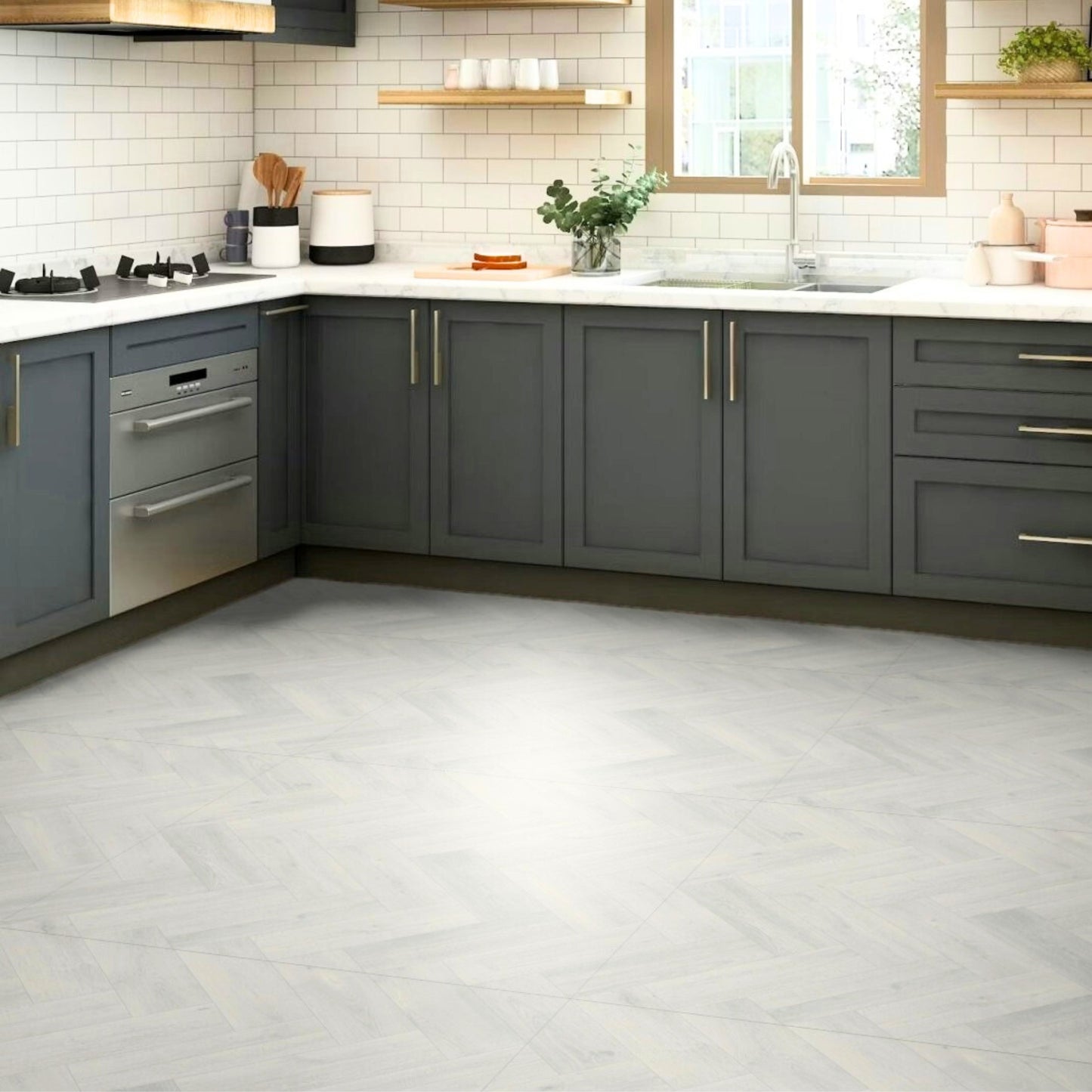 Mayfair 009S Light Grey Wood Herringbone Effect Turbo Vinyl Flooring